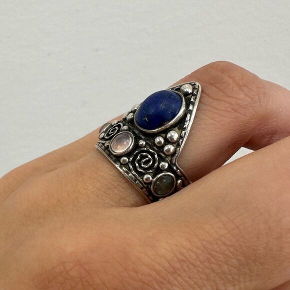 Vintage Sterling Silver 925 Moonstone & Lapis Unusual Intricate Ring Size 5.5 - Picture 3 of 14